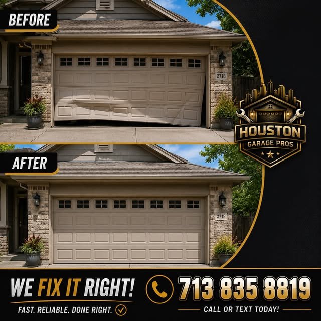 Before and after photo of a damaged garage door repaired by Garage Pros Houston